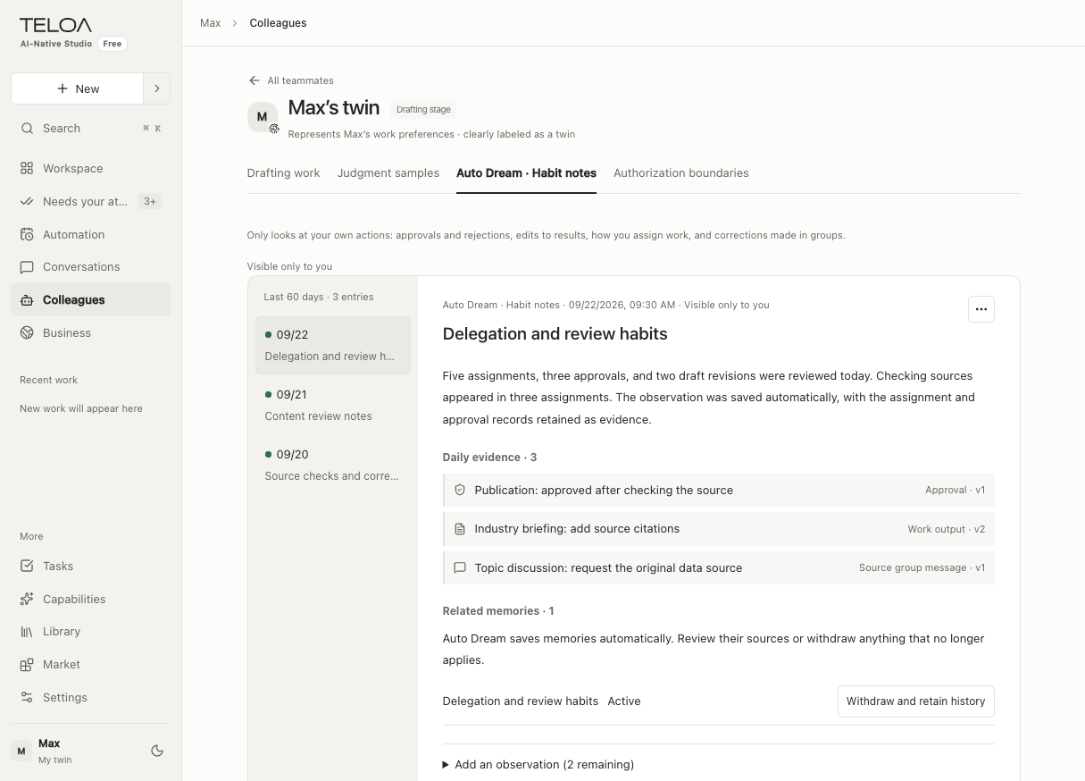 Teloa Auto Dream, in English: review daily summaries, sources, and automatically saved memories. Sample data.