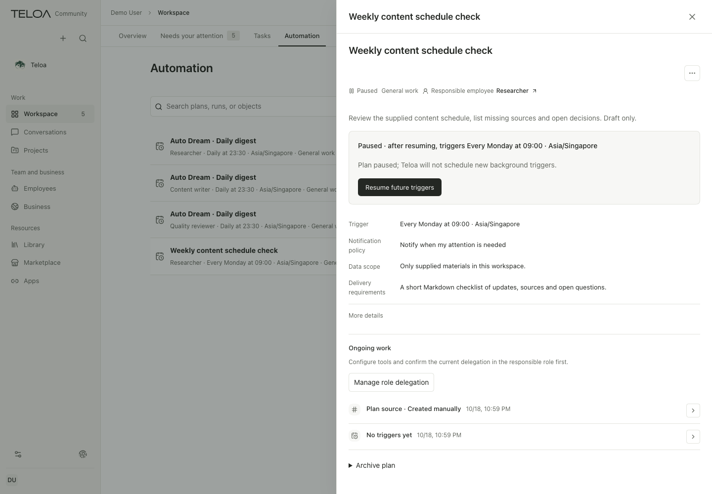 Plan definition for a weekly content schedule check