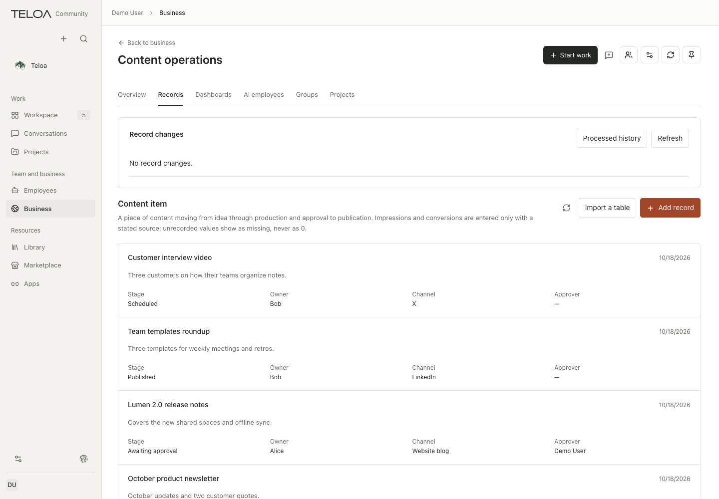Fields and stages in content records