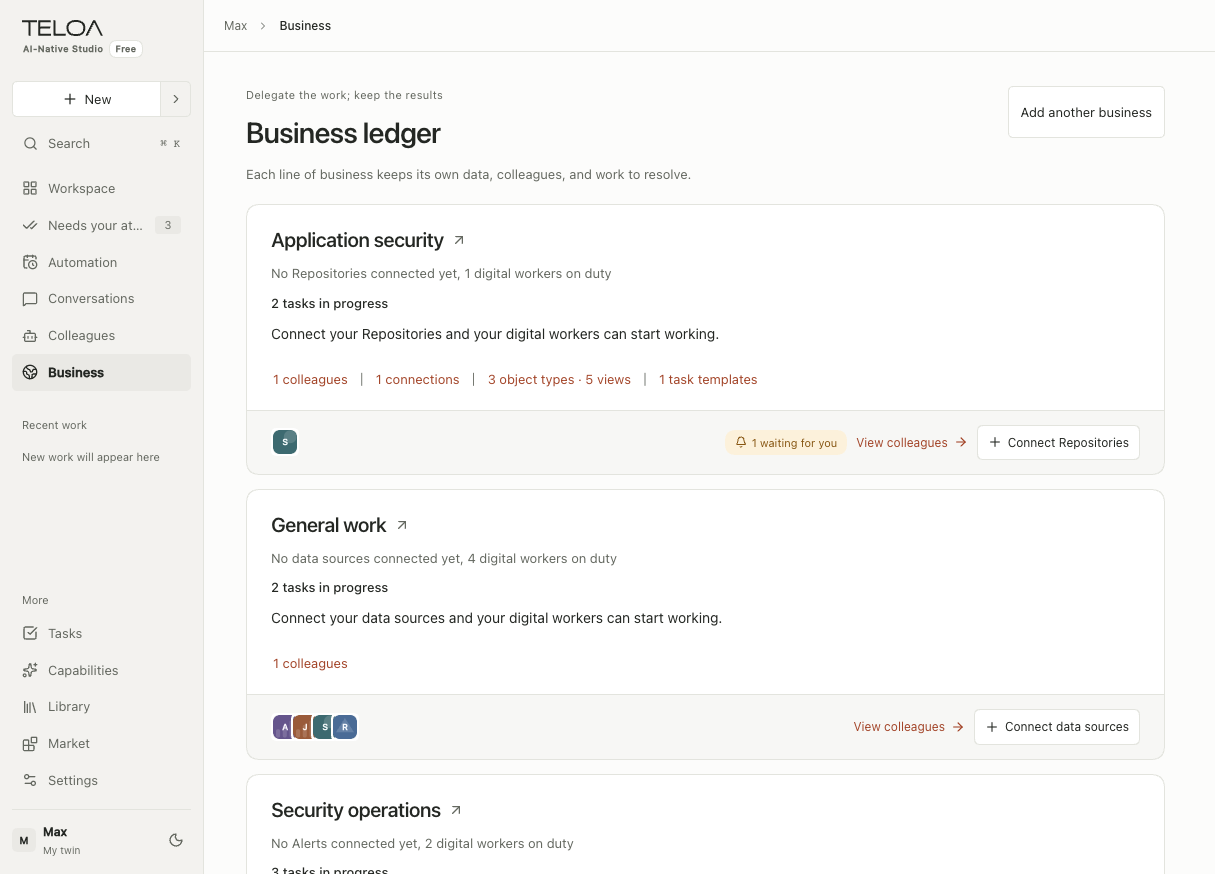 Teloa Businesses, in English: organize colleagues, knowledge, connections, and pending work. Sample data.