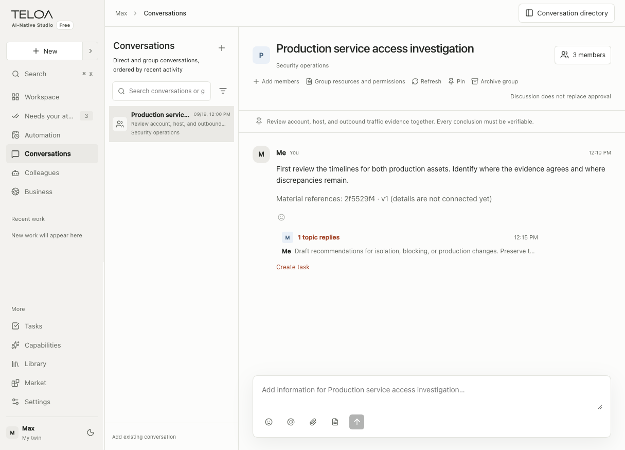 Teloa Conversations, in English: find work conversations and groups in one directory. Sample data.