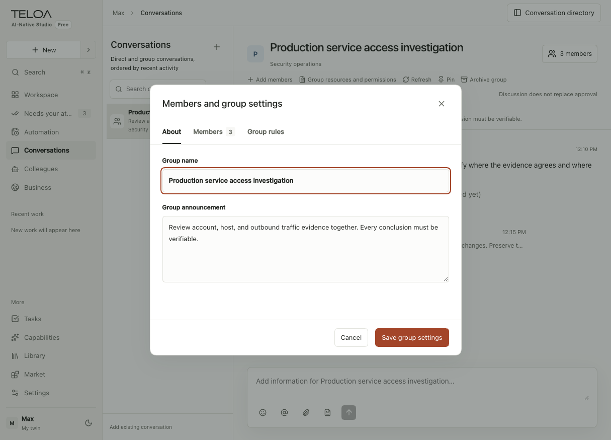 Teloa Group collaboration, in English: manage members, shared resources, and collaboration rules. Sample data.