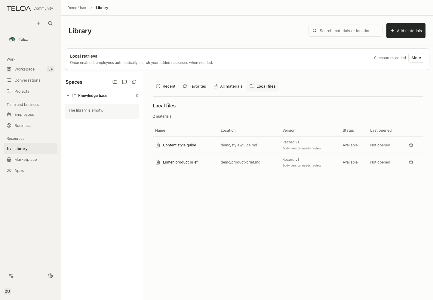 Location, version, and status of example materials in the Library