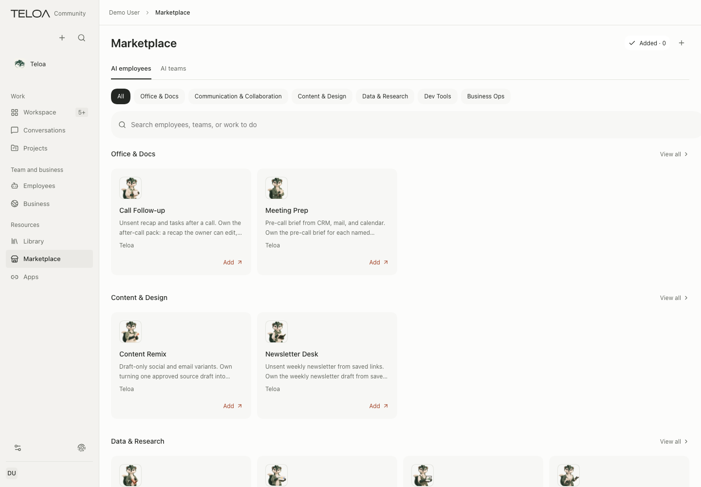AI employee entries by category in the Marketplace