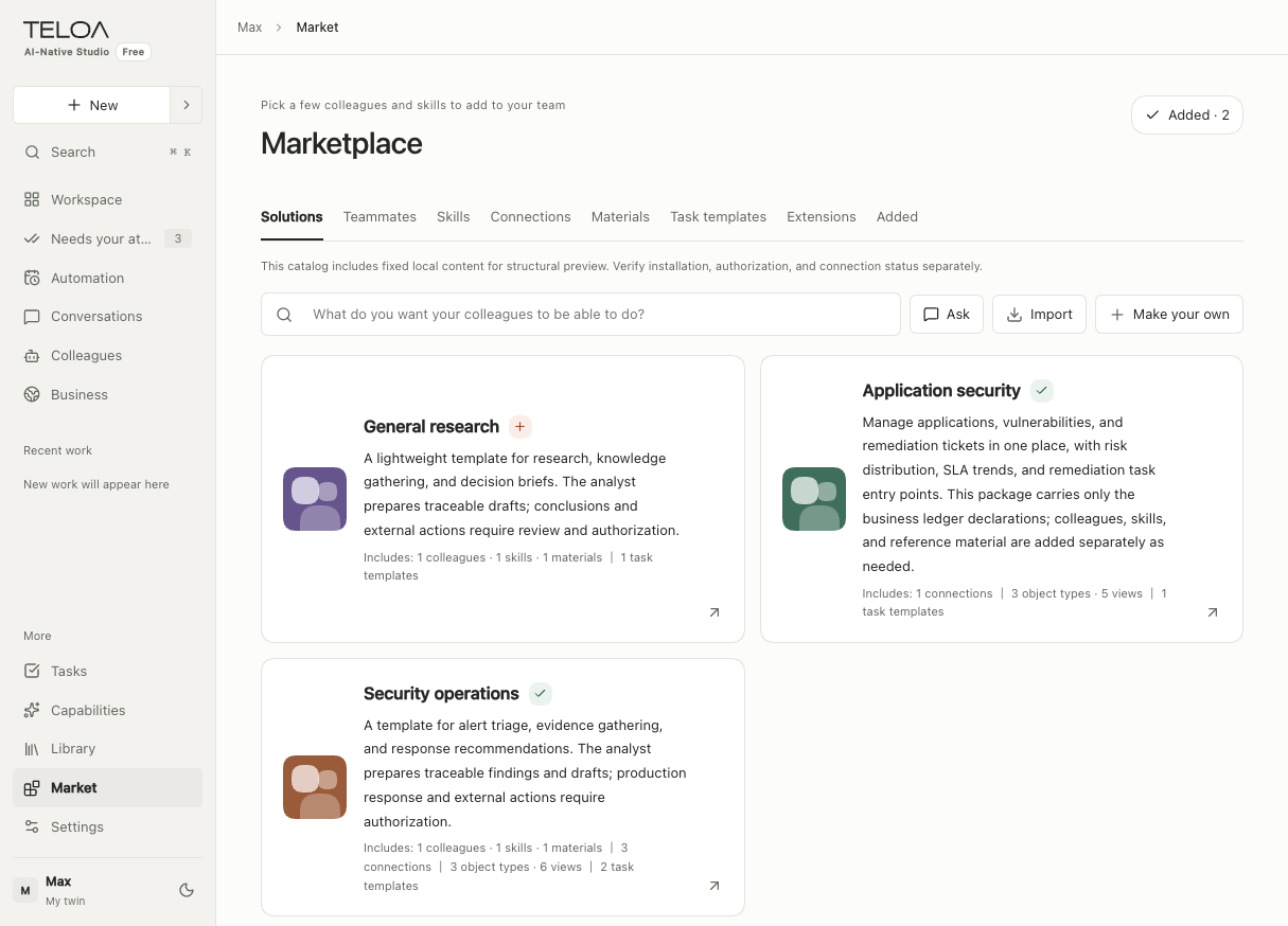 Teloa Marketplace, in English: inspect solution contents and choose roles and methods. Sample data.