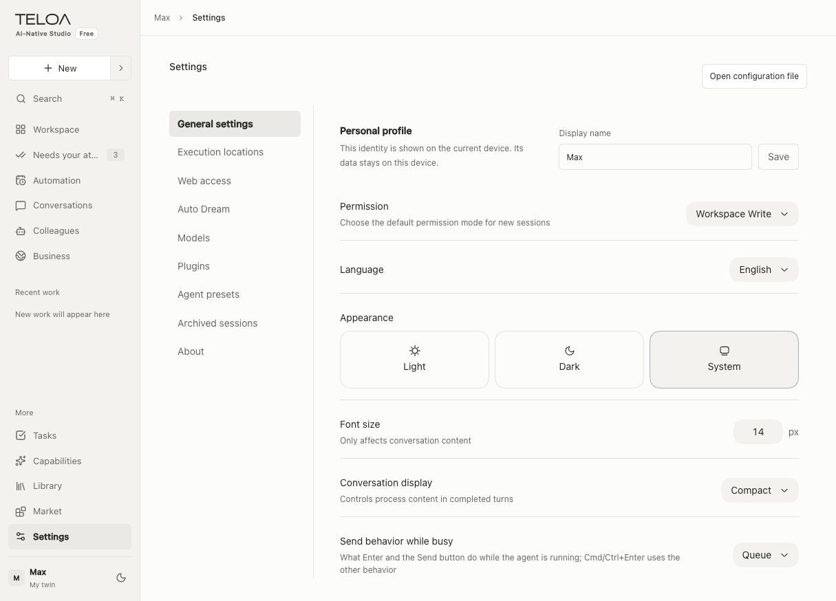 Teloa Settings, in English: manage preferences, models, runtime, web access, and Auto Dream. Sample data.