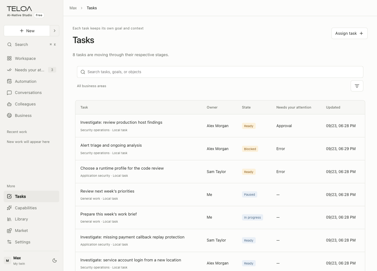 Teloa Tasks, in English: review the goal, owner, and status of each task. Sample data.