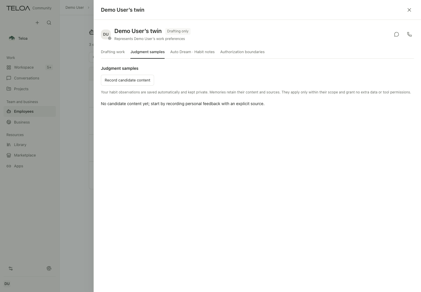 Twin details opened beside the Employees page