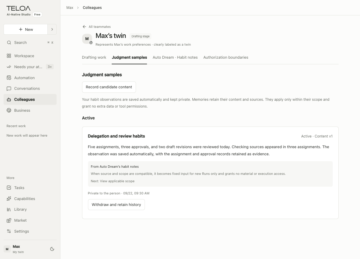 Teloa My digital twin, in English: review judgment samples, sources, and saved preferences. Sample data.