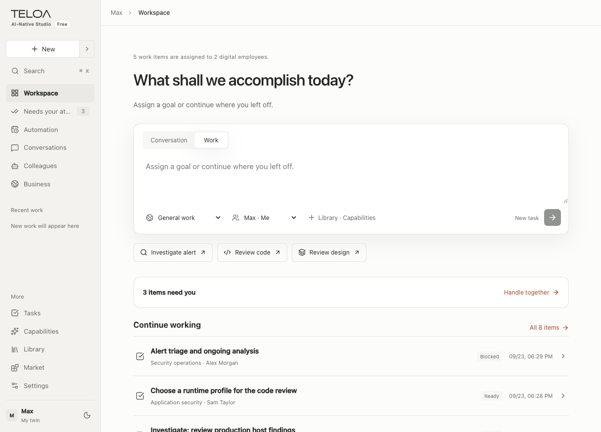 Teloa Workbench, in English: assign new tasks, resume work, and review recent progress. Sample data.